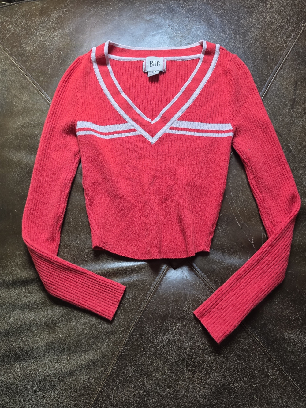 BDG Urban Outfitters Addison V-Neck Striped Ribbed Knit Sweater - Red/White S